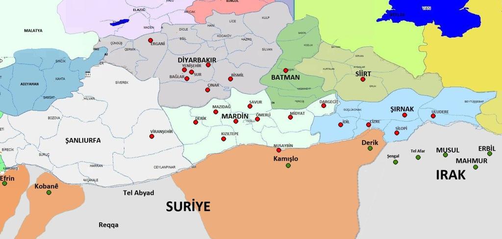 *Harita: Kırmızı işaretli yerler, bölgeye gelen Êzidîlerin yerleştirildikleri yaşam alanlarını göstermektedir.