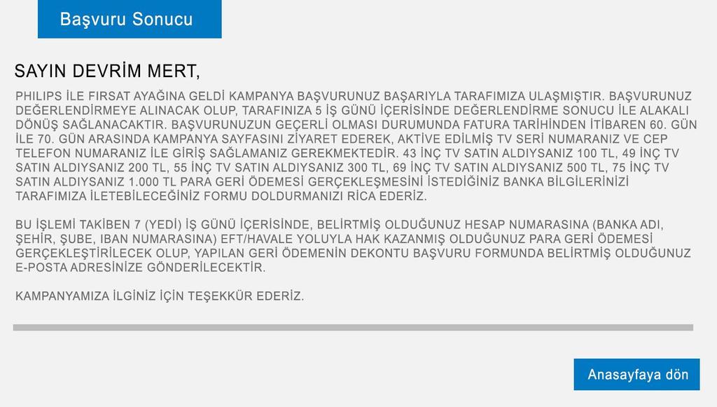 12 Başvurusunu tamamlayan katılımcının karşısına bir bilgilendirme metni çıkar.