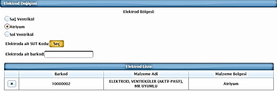 Bu alana işlem sırasında değiştirilen elektroda/elektrotlara ait bilgiler girilecektir. Bir elektroda ilişkin giriş yapıldıktan sonra diğerlerine geçilebilmektedir.