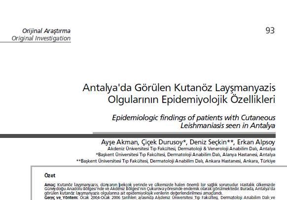 Akdeniz Üniversitesi Tıp Fakültesi Dermatoloji Kliniği 2004 2006 da 20 Kutanöz leishmaniasis