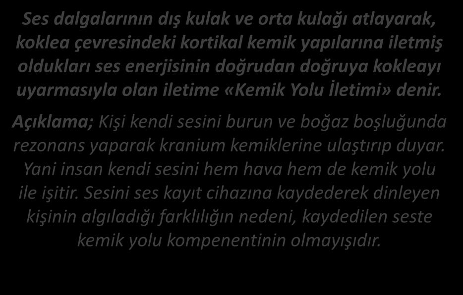 SESİN İLETİM YOLLARI Ses dalgalarının dış kulak ve orta kulağı atlayarak, koklea çevresindeki kortikal kemik yapılarına iletmiş oldukları ses enerjisinin doğrudan doğruya kokleayı uyarmasıyla olan