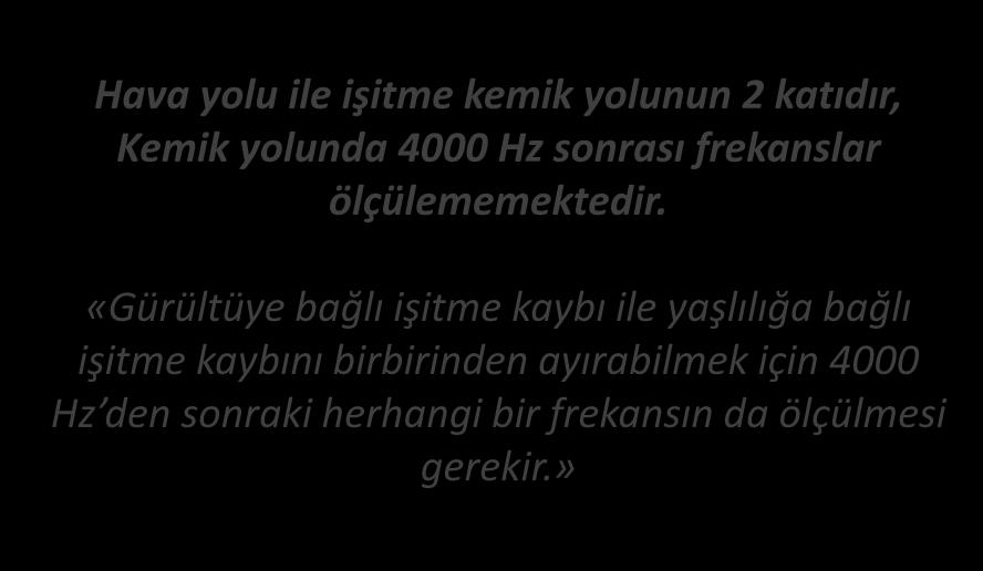 TARAMA AMAÇLI ODİMETRİDE YAKLAŞIM İLETİM YOLU VE FREKANSLAR Hava yolu ile işitme kemik yolunun 2 katıdır, Kemik yolunda 4000 Hz sonrası frekanslar