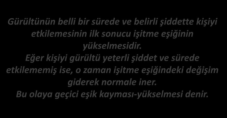 MESLEKİ İŞİTME KAYIPLARI Geçici Eşik Yükselmesi (Temporary Threshold Shift-TTS) Gürültünün belli bir sürede ve belirli şiddette kişiyi etkilemesinin ilk sonucu işitme eşiğinin