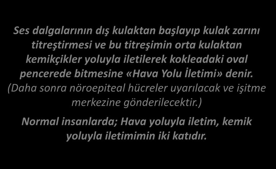 SESİN İLETİM YOLLARI Ses dalgalarının dış kulaktan başlayıp kulak zarını titreştirmesi ve bu titreşimin orta kulaktan kemikçikler yoluyla iletilerek kokleadaki oval pencerede bitmesine