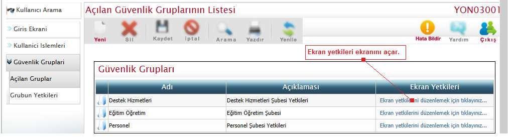 Yeni Grup Oluşturma GÜVENLİK GRUBU YETKİLERİNİ DÜZENLEMEK Açılan Gruplar başlığına tıklatıldığında mevcut