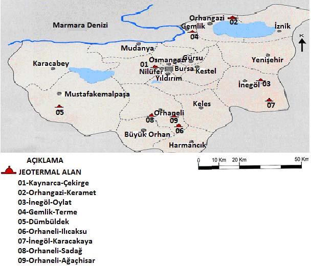 4.5. Jeotermal Kaynaklar 4.5.1 Sıcak Su Kaynakları Bursa ilinin batısında, Uludağ ın sınırlarında yer alan fay hatlarından yükselen ve yüzeye çıkan sıcak suların oluşturduğu birçok doğal kaynak mevcuttur (Şekil 4.