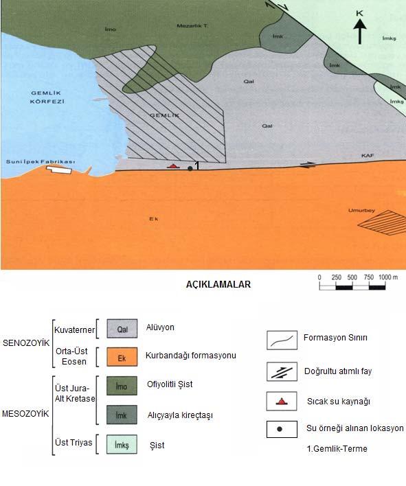 Şekil 4.20. Gemlik-Terme Jeotermal alanının jeoloji haritası (Erzenoğlu, 1996 dan değiştirilmiştir) Kaynağının deniz seviyesinden yüksekliği 2 m yüksekliktedir (Çizelge 3.1).