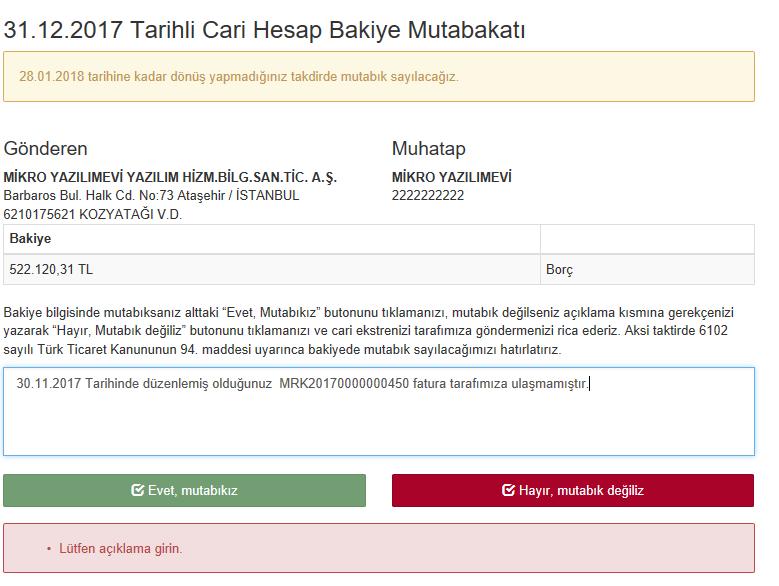 e-mutabakatınız reddedilecek ise red sebebine dair açıklama belirtilmesi zorunlu