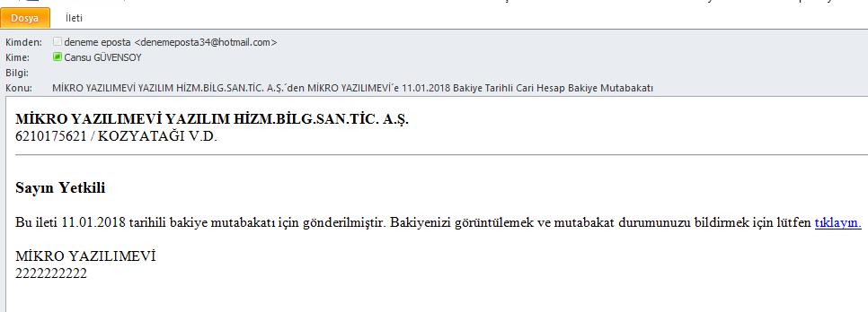 Mikro Yazılım üzerinden yapılan e-mutabakat gönderiminin başarılı olması durumunda, mutabakat yapmış olduğunuz