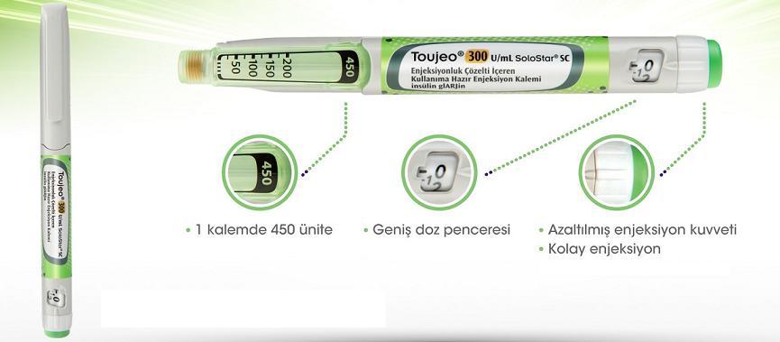 İnsülin Glarjin 300U (Toujeo) SoloStar Kalem Berrak görünümlü bir insülindir. Bir kalem 450 ünite insülin içerir.