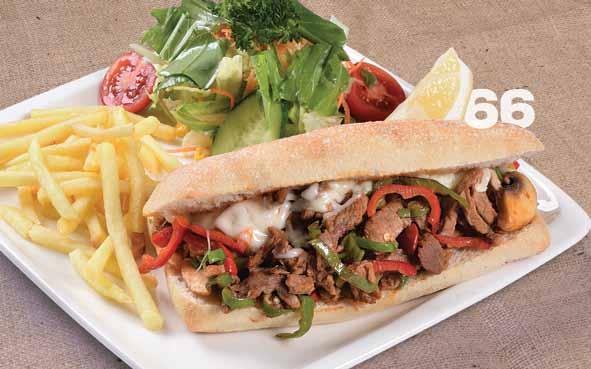 18,00 tl 66 Steak Sandviç Marine edilmiş dana eti, kaşar peyniri, biber, mantar, soya sos, krema, yanında mevsim yeşillikleri ve patates kızartması ile servis edilir 28,50 tl Bazlama Biftek Sandviç