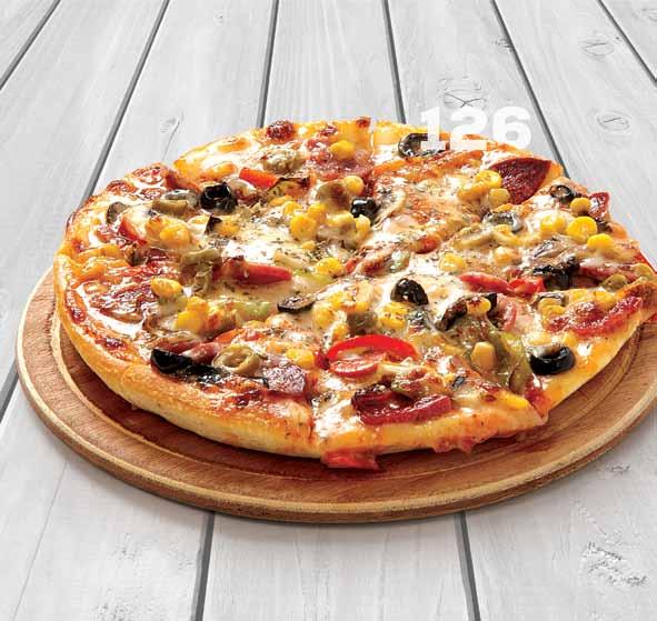 23,50 tl 128 Tavuklu Pizza Kaşar peyniri, mantar, küp doğranmış tavuk parçaları, domates, mısır, renkli biber, zeytin, kekik ve özel pizza sos ile servis edilir.