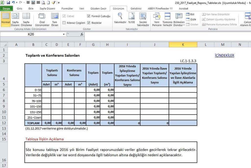 3- Excel Tablolar Dosyası Üzerinde Çalışma Tablo Kodu Diğer tablolara geçiş ve kontrollerde kolaylık sağlaması amacıyla konulan «İÇİNDEKİLER» köprüsüne tıklayarak ilk giriş sayfasına ulaşılabilir.