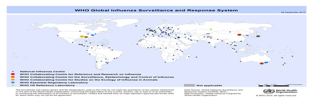 Dünyada İnfluenza Sürveyansı Küresel İnfluenza Programı: 1952 yılında kurulmuş, şu an 113 ülke, 143 Ulusal İnfluenza Merkezi (NIC), Dünya Sağlık Örgütü işbirliği Merkezleri ve H5 referans labları,
