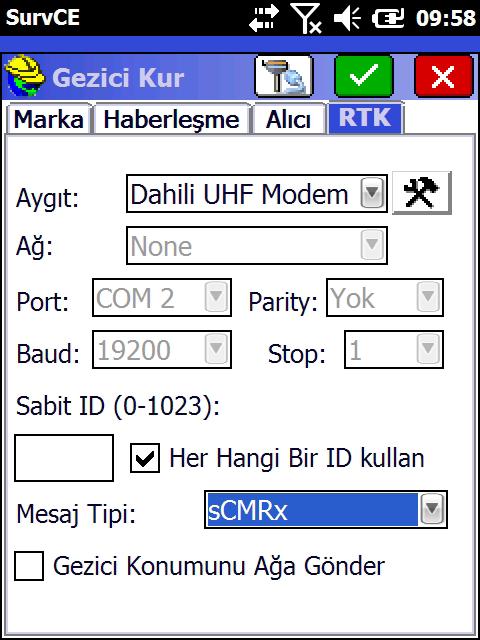 Alıcı sekmesine geçilir. Bu sekmede yer alan alanlar ; Anten Yüksekliği : Jalon üzerindeki ayarlanan yükseklik girilir Yükselme Açısı : 10 Konum Hızı : 10 Hz seçilir.