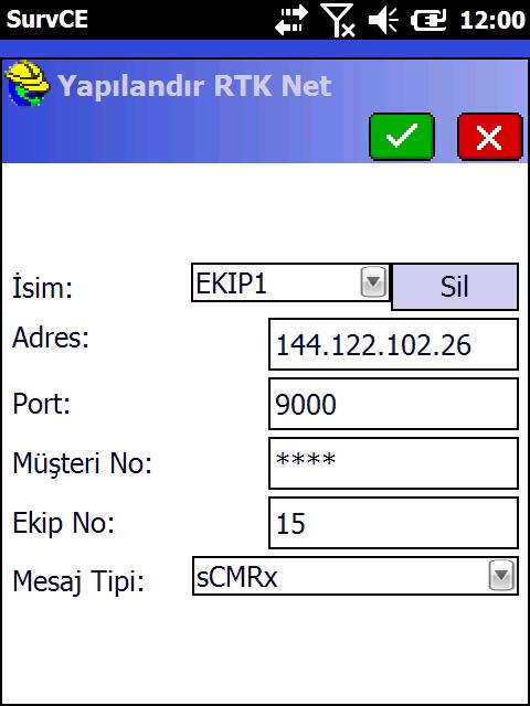 RTK sekmesinde ; Ağ : RTK Net Seçilerek butonuna tıklanır. Bu bölüm düzeltme verilerinin aktarılacağı sunucu bilgileri içindir. İsim kutusu tıklanır ve açılan pencereye yeni bir profil ismi yazılır.