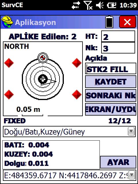 Aplikasyon için alternatif bir ekran görünümü daha vardır. Bu görünümde altlık harita görüntülenmez. Sadece aplike edilecek nokta ve alıcı konumu yer alır.