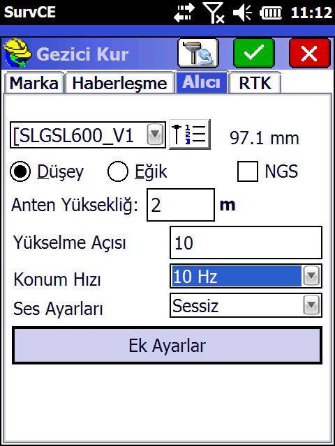 Alıcı sekmesine geçilir. Bu sekmede yer alan alanlar ; Anten Yüksekliği : Ölçülür ve girilir. Yükselme Açısı : 10 Güncelleme Hızı : 10 Hz seçilir. Ayrıca anten yüksekliği tipi Düşey veya Eğik seçilir.