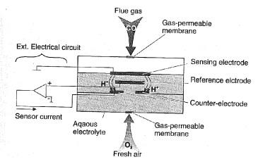 Giren gaz olan oksijen zardan geçerek sensör katoduna ulaşır. Katodun kimyasal bileşiminden dolayı OH- iyonlarının oluşumuna neden olan kimyasal reaksiyonlar katotta gerçekleşir.