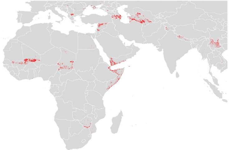 Yüksek riskli olmasına rağmen düşük kanıt bulunan alanlar Mali, Somali, Zimbabwe Suriye, Makedonya,