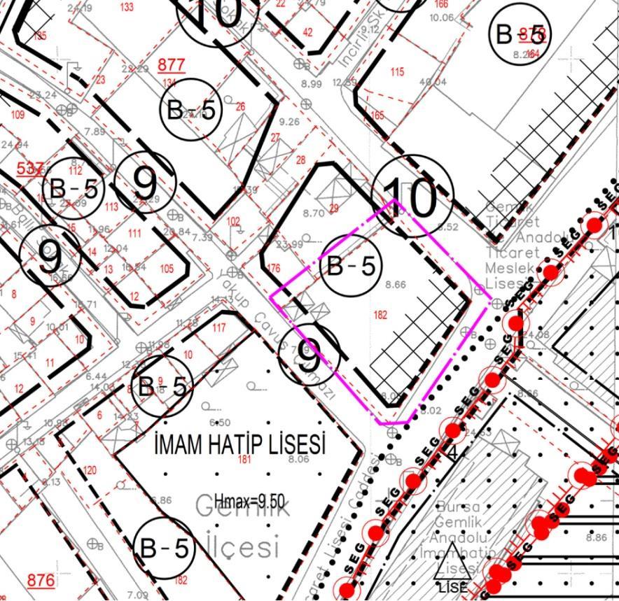 877 ada, 182 parselin 1/1000 ölçekli mevcut plan durumu 877 ada,