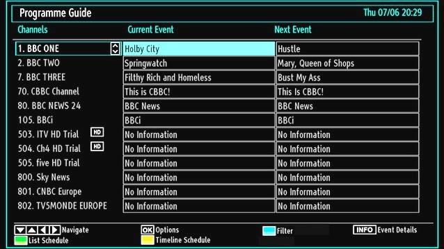 to view the EPG menu please press EPG button on the remote control. Press / buttons to navigate through channels. Press / buttons to navigate through the programme list.