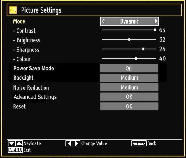 Use or button to set an item. Press M button to exit. Picture Settings Menu Items Mode: For your viewing requirements, you can set various screen modes.