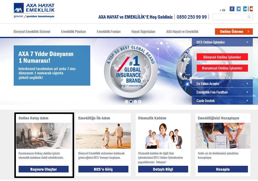 Online Kolay Adım ekranına «https://www.axahayatemeklilik.com.tr» Adresine bağlanarak ulaşabilirsiniz.