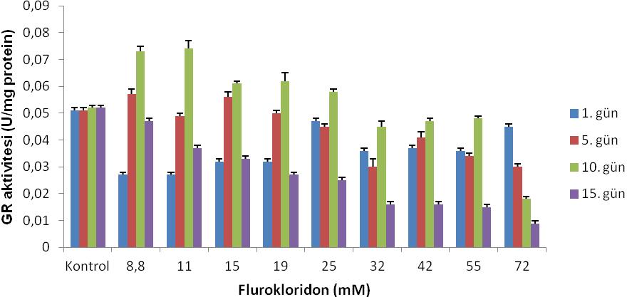 Ek Şekil 33. Çimlenme sonrası flurokloridon uygulanan H. annuus yapraklarında konsantrasyonlara ve günlere bağlı GR aktivitesinin değişimi Ek Şekil 34.