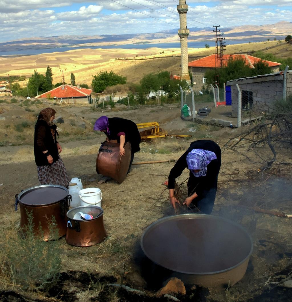 Dinlenme Tesisleri Pekmez Yapımı Fotoğraf ve Metin: Osman Nuri Yüce Sert geçmesi beklenen kış mevsimine imece usulü bir hazırlık var. Erkekler odun topluyor, ateş yakıyor ve pekmezi süzüyor.