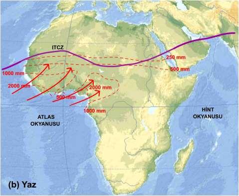 ITCZ nin mevsimlik kaymalarıyla ilişkili olarak, Batı Afrika musonun oluşumu ve mevsimlik hareketleri.
