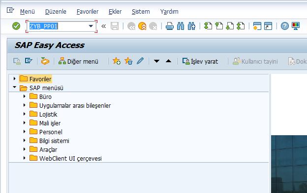 Kullanıcı adı ve şifrenizi girip Enter tuşuna bastıktan sonra yukarıda gördüğünüz şekilde SAP Ana ekranı gelecek.
