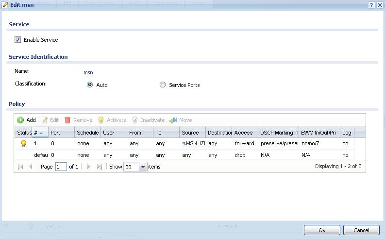 46 ZyWALL USG 1000 Kurulum ve Kullanım Kılavuzu Bu kuralı da kaydettiğimizde aşağıdaki gibi msn ile ilgili tanımlanmış kuralları göreceksiniz.
