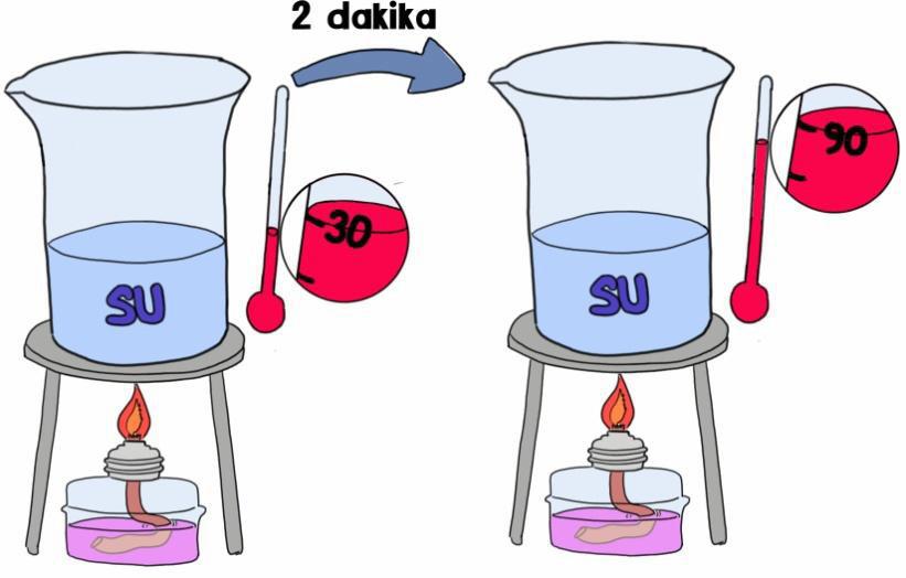 16 30 0 C sıcaklıkta bir miktar su, sabit ısı veren bir ısı kaynağı ile 2 dakika süre ile ısıtılıyor, bu süre sonunda suyun sıcaklığı 90 0 C ye çıkıyor.