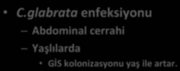 C.glabrata enfeksiyonu Abdominal cerrahi Yaşlılarda GİS kolonizasyonu yaş ile artar. Arendrup MC et al. J Clin Microbiol 2011;49:325 Ericsson J et al.