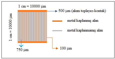 16 da görülen, amacı oluşacak fotoelektronları (fotoakımları) taşımak olan; 100 µm kalınlıklı ince ızgaralar ve bu ince ızgaralara paralel 500 µm kalınlıklı toplayıcı ızgaralar oluşturulmak için