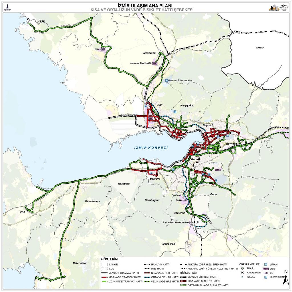 İZMİR ULAŞIM ANA PLANI İZMİR BÜYÜKŞEHİR BELEDİYESİ ALANI KENT İÇİ VE YAKIN ÇEVRE Aşağıdaki şekilde hedef yılı bisiklet yolu şebekesi gösterilmektedir (Bkz. Şekil 33)