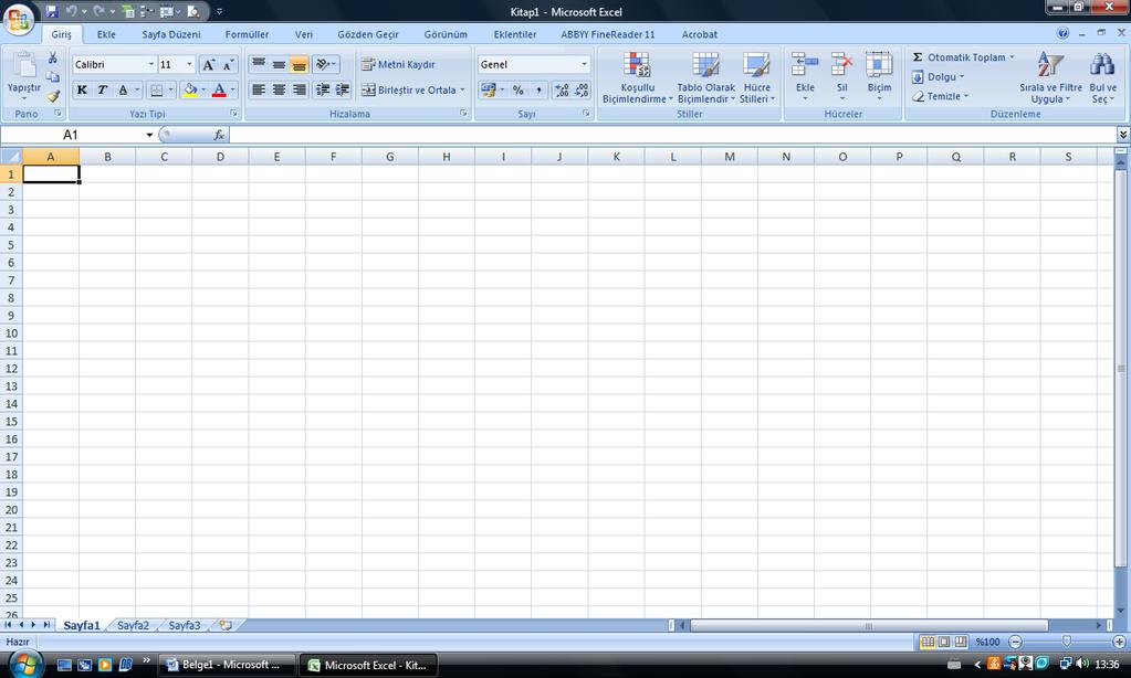 Aşağıda Excel programının ara yüzü görülmektedir.