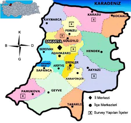 Şekil 3.1. Sakarya ili şeker pancarı ekim alanlarında yabancı ot sürveyi yapılan ilçeler 3.1.2.