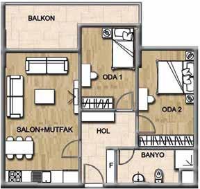 DAİRE PLANLARI ARA KAT TİP 1 Salon+Mutfak: Oda 1: Oda 2: Hol: Banyo: Balkon: 21.