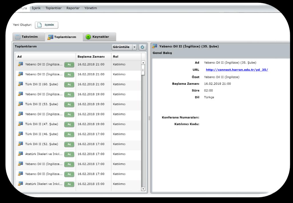 Size verilen kullanıcı adınızı ve şifrenizi doğru bir şekilde girdiğiniz derse ait bilgileri göreceksiniz. Örneğin, Yabancı Dil II (İngilizce) dersinin 35.