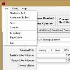 ZEMİN ÜÇ EKSENLİ YAZILIM File Menusu Start New Test Continue Old Test Save Save As Reporting Data Export Exit Yeni bir