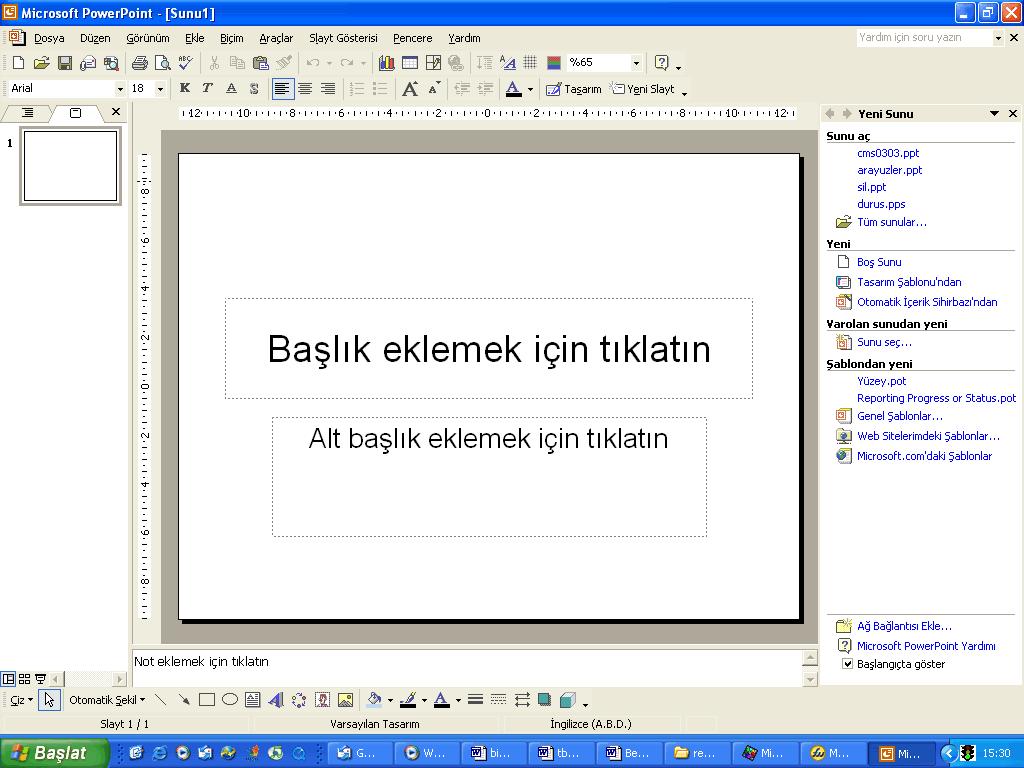 Powerpoint uygulaması çalıştırıldıktan sonra karşımıza Şekil 2 de görülen ekran gelir.