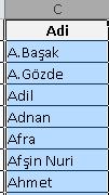 Öncelikle Adı kısmının bulunduğu C sütununu seçelim.