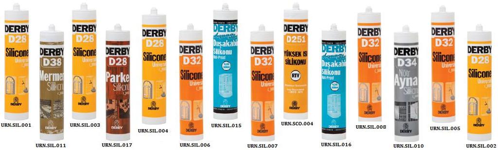 SIL.007 DERBY D32 SİLİKON SİYAH 320 GRAM 30 8,85 3,86 URN.SIL.008 DERBY D32 SİLİKON GRİ 320 GRAM 30 8,85 3,86 STOK KODU STOK İSMİ ÖZEL AMAÇLI SİLİKONLAR KOLİ İÇİ ADET KOLİ AĞIRLIĞI URN.SIL.011 DERBY D38 MERMER SİLİKONU ŞEFFAF ASETOKSİ 280 ML 30 10,00 3,61 URN.