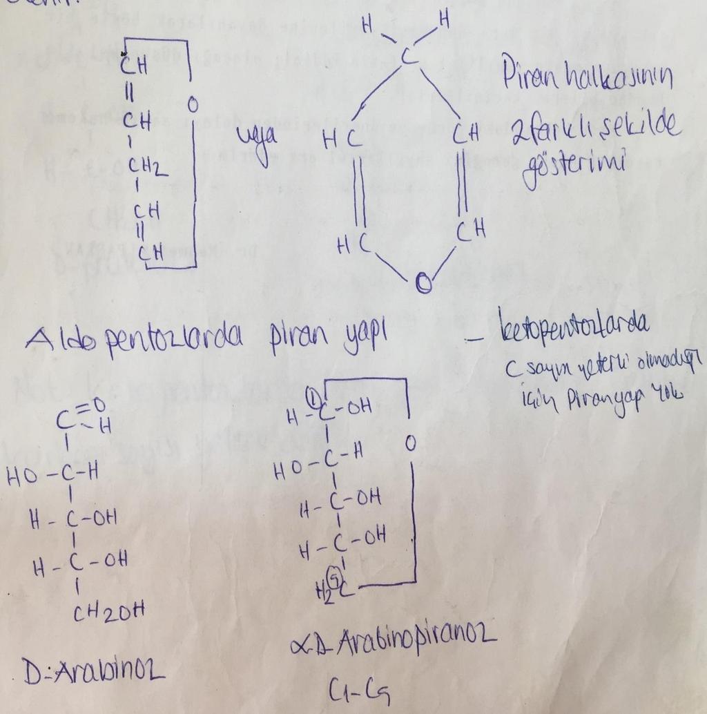 Monosakkaritlerde halka yapıya geçiş rastgele olmayıp, belli bir düzen içerisinde olmaktadır. a) Piran yapı (Aldo pentoz, Aldo heksoz, Keto heksoz) Aldo heksozlarda ve aldo pentozlarda 1.