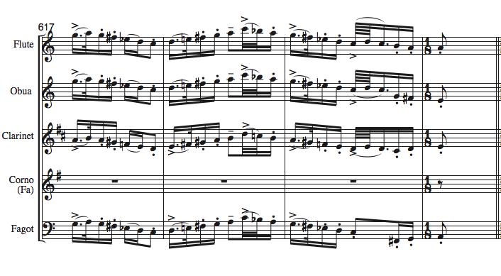 93 Örnek 122: Bu bölüm esas olarak klarinet solo ile yapılan bir taksim (Bkz. Taksim havasında, öteki çalgılar bu taksimi tamamlayan figürler yapıyor. 621. Ölçüde başlayan taksim 634.