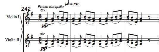 (Ölçü 242-245) Viyola ve viyolonseller a2 temasını dörtlü aralıklarla çalarken bu