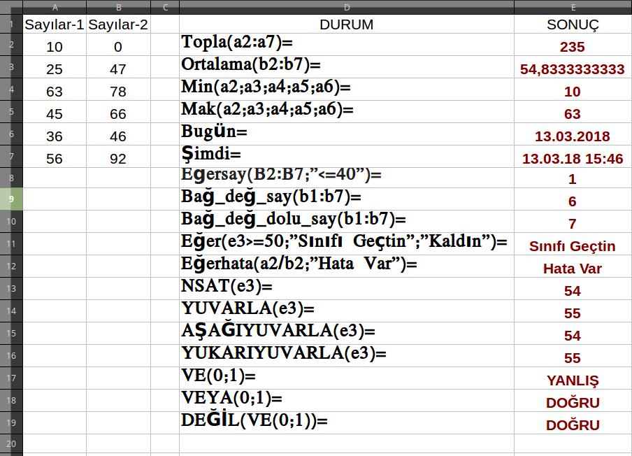 5 8-)=BAĞ_DEĞ_SAY()----->İçinde sayısal değer olan hücreleri sayar. =BAĞ_DEĞ_SAY(C12:C77) 9-)=BAĞ_DEĞ_DOLU_SAY()---->İçinde herhangi bir değer olan hücreleri sayar.