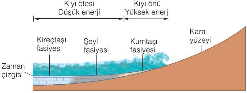 Örneğin; kum, yüksek enerjili kıyıya yakın ortamlarda çökelirken, aynı anda çamur ve karbonatlı sedimanlar da düşük enerjili kıyıdan uzakta, yanal olarak komşu diğer ortamlarda birikirler.